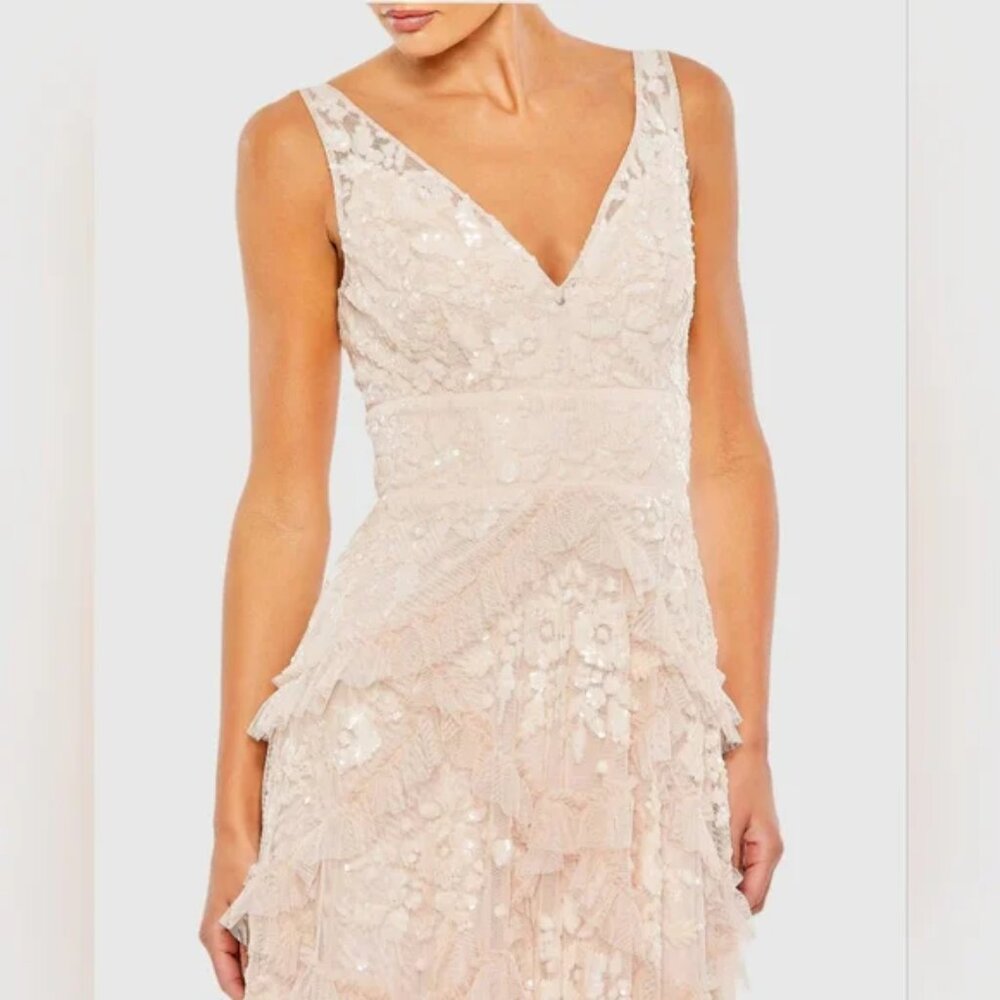 NWT Sz 16 Mac Duggal 9162 Pink Sequined Scallop Ruffle Tiered V-Neck Gown - Picture 2 of 6